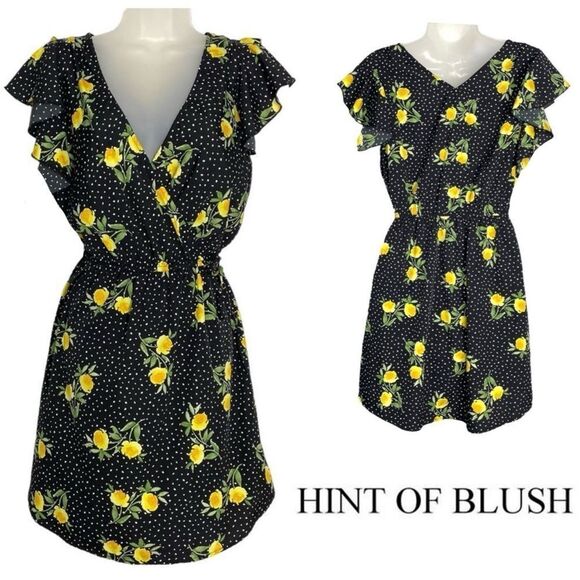 Hint of Blush Black Floral Short Sleeve Dress Large - Picture 1 of 12